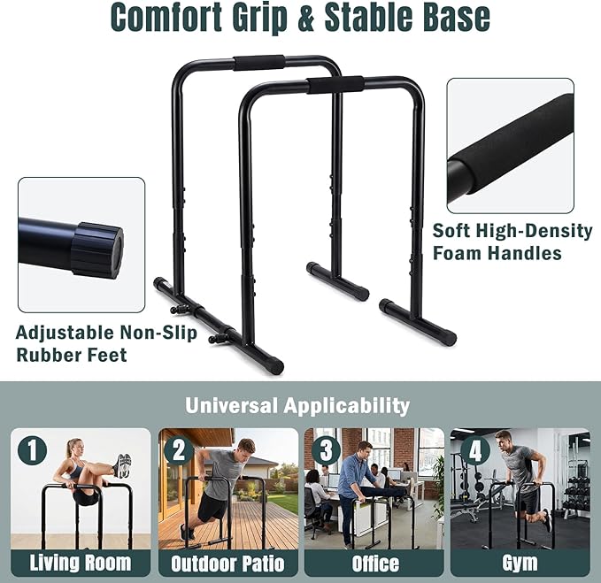 OLIXIS Dip Stands, Heavy Duty Pull Up Bar for Doorway, Adjustable Dip Bar Station Stabilizer Parallette Push Up Stand with Soft High-Density Foam Handles for Home, Gym, Patio, Office