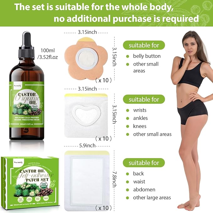 30 Pcs Castor Oil Patches with Castor Oil Organic Cold Pressed Unrefined Glass Bottle(3.5oz),Cotton Caster Oil Pack Wrap for Waist Back Neck Arm Belly,Self-Adhesive Disposable for Convenient Use