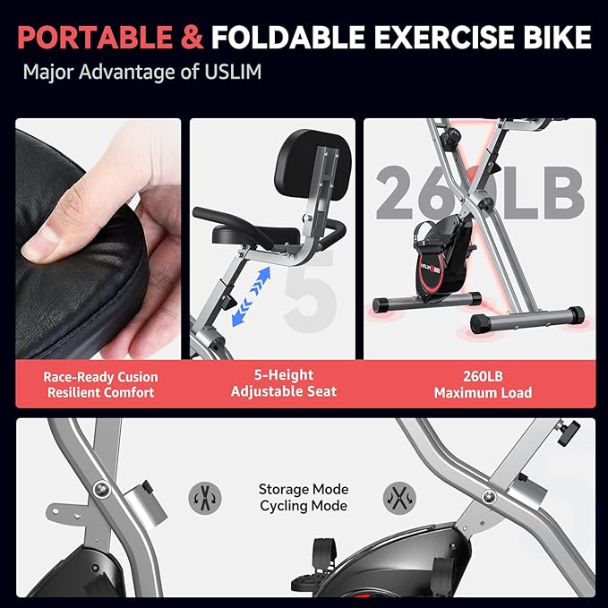 Indoor Exercise Bike Stationary Bikes for Home with 16-Level Magnetic Resistance, Lightweight Foldable Cycling Bike with 70% Pre-Assembled, 260 LBS Capacity, Flywheel of 5.5 LBS for Quiet Home Workout