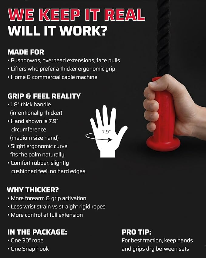 Ergonomic Tricep Rope | 30” Non-Slip Cable Attachment | Wrist Pressure Relief | Grip Strength & Forearm Activation | Home & Commercial Gym Accessory | for Cable Machine & Smart Gym