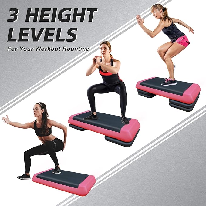 28.5'' Exercise Aerobic Step Platform, 4-6-8inAdjustable Fitness Stepper Workout with 4 Stackable Risers, Aerobics Stepper Workout Stepper for Home Gym Cardio Strength & Training (Red & Gray)