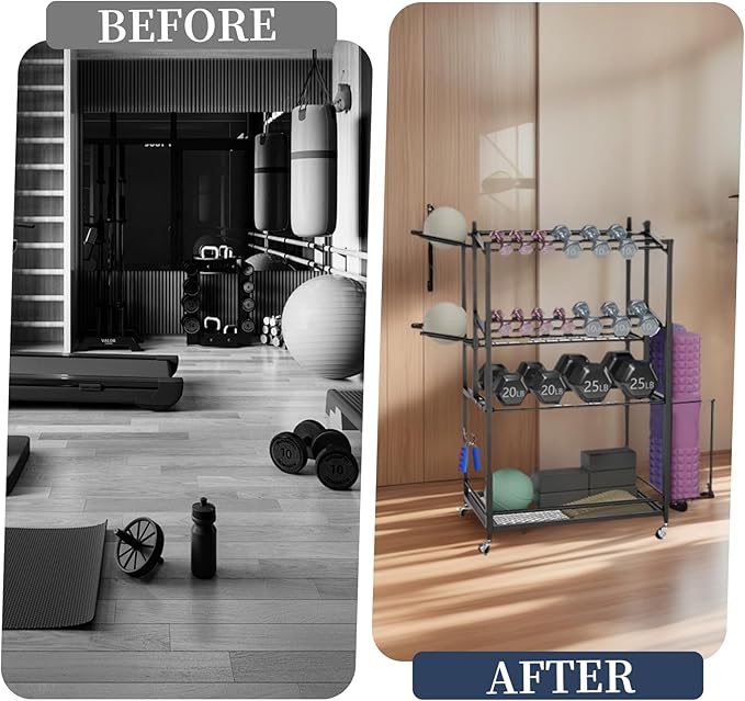 3-Tier Rolling Dumbbell Rack with Yoga Mat Basket & Hooks – Heavy Duty Steel Home Gym Storage Cart for Weights, Kettlebells, and Foam Rollers – 350Lbs Capacity Mobile Organizer with Lockable Wheels (Black)