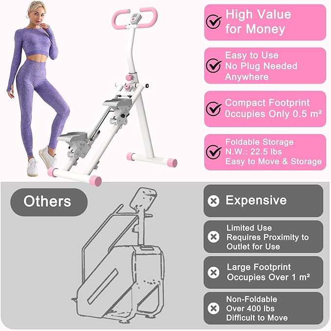 Stair Master for Exercise at Home, 3 Adjustable Resistance Folding Vertical Stair Stepper, Low-Impact Full-Body Exercise Fitness Machines, 265LBS Capacity, Sturdy Steel Frame, LCD Monitor, Pink