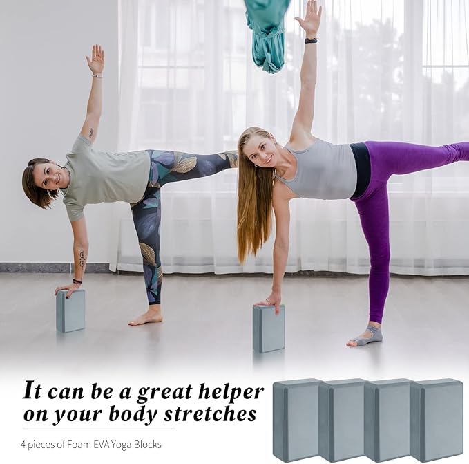 4 Pcs Yoga Blocks Soft EVA Foam Supportive Yoga Brick Non Slip Exercise Block Equipment for Pilates Exercise Workout Meditation Supplies, Grey, 9 x 6 x 3 Inches