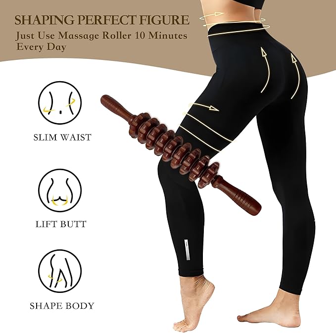 Wood Therapy Massage Roller Stick with Release Myofascial Trigger Points, Massager Tool for Cellulite Reduction, Muscle Tension and Lymphatic Drainage Physical Therapy Recover (Brown)