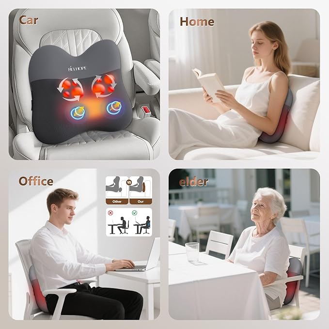 belhope Back Massager with Heat, Cordless Back Massage for Pain Relief Deep Tissue, 4D Shiatsu and Percussion Massage, Lower Back Massager for Office Chair, Mother's Day Gifts for Women Men, Grey