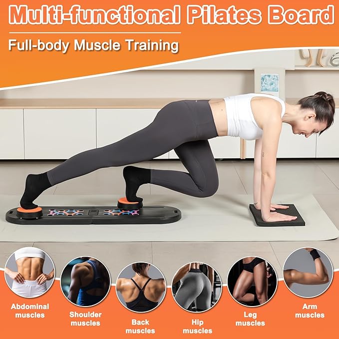 Pilates Board, Foldable Pilates Reformer, Multi-Purpose Pilates Board for Home Workout, Portable Pilates Equipment for Full Body Workout, Fitness, Exercise, Black Orange