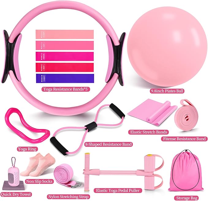 Pilates Essentials Kit for Women 15 Pcs Pilates Equipment for Home Workouts with Yoga Circle Ball Ring, 5 Resistance Bands,Pedal Puller Resistance Band,Anti Slip Socks for Starter Set