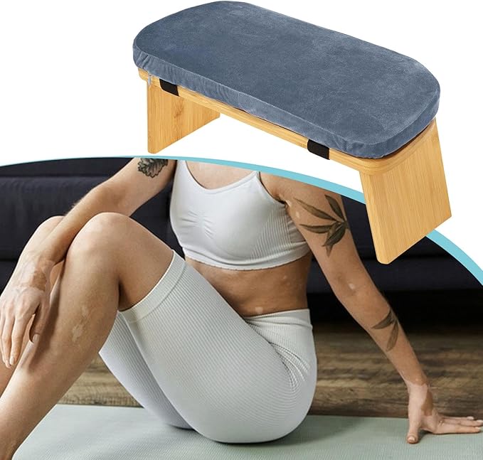 Meditation Bench Kneeling Stool Ergonomic Wood with Soft Cushion, Foldable Portable Prayer Bench, Meditation Stool 16.93x7.48x7.09inch- Gray Blue