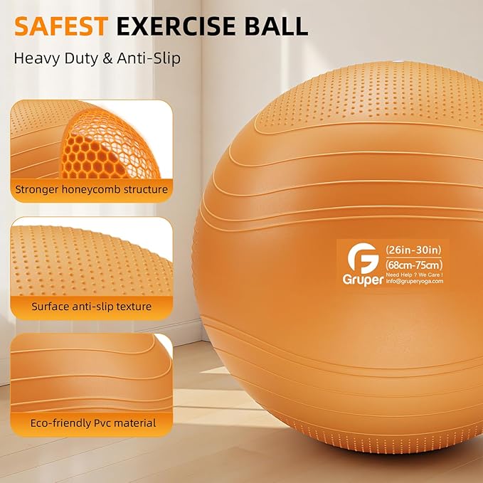 Gruper Yoga Ball, Extra Thick Non Slip Exercise Ball for Workout, Birthing, Balance, Stability, Pregnancy, 4 Sizes Anti Burst Chair for Home and Office, Includes Quick Pump & Fitness Guide