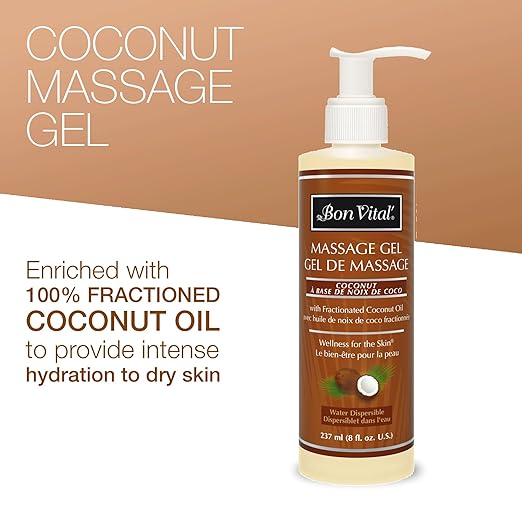Bon Vital' Coconut Massage Gel, 8 oz, Lightweight Formula with Pure Fractionated Coconut Oil, Professional Therapy Lotion, Hydrating and Unscented
