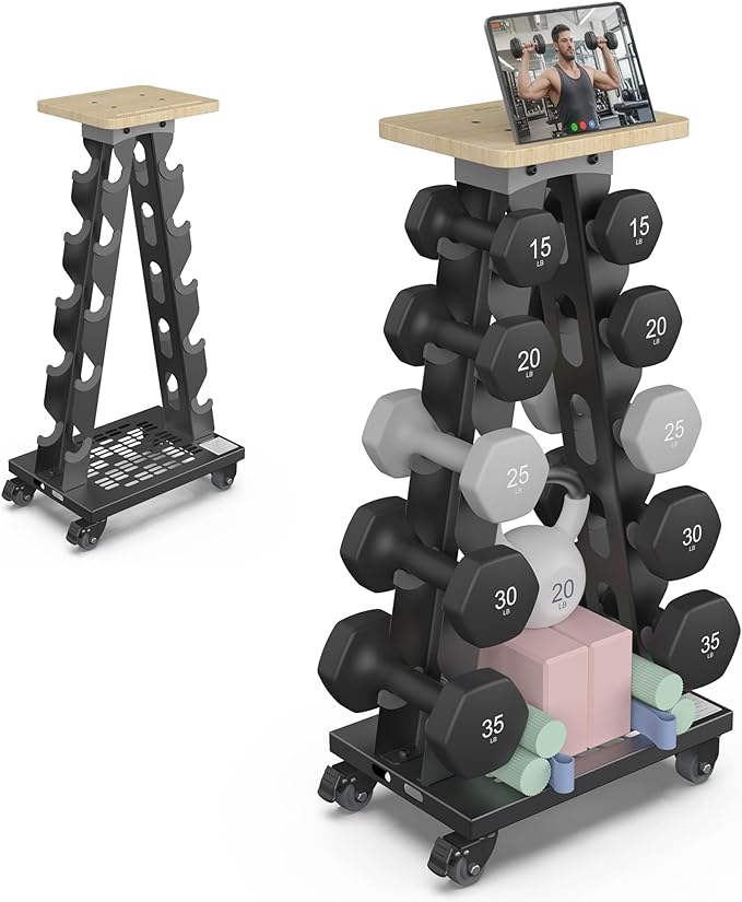 5-Tier A-Frame Dumbbell Rack with Wheels, 300LBS Capacity, Mobile Weight Rack with Phone Holder (Rack Only)