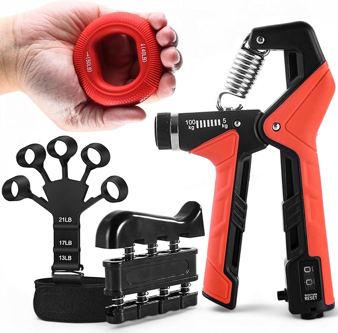 Grip Strength Trainer Kit, 4 Pack Hand Gripper Strengthener with Adjustable Resistance, Forearm Exerciser, Finger Strengthener & Stress Relief Ball for Muscle Building & Injury Recovery