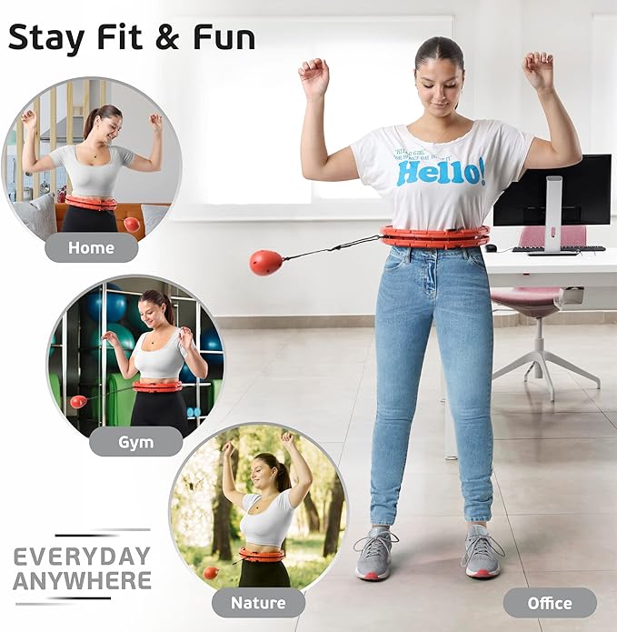 Teal Elite Smart Weighted Hula Hoop for Adults Weight Loss– Fully Adjustable with 24 Detachable Knots – 2 in 1 Abdomen Fitness Massage Infinity Hoops - RED