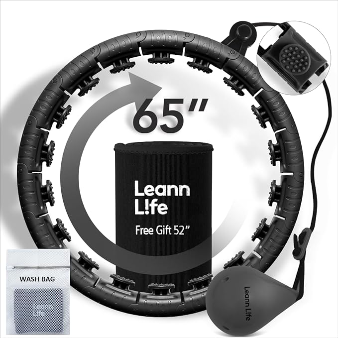 U2 Black-32 Knots 19”- 65”, Detachable & Size Adjustable Weighted Hula Hoop for Kids Adults Weight Loss, Infinity Hoop Plus Size, Abdominal Toner,5 Color Balls, Free Waist Trimmer&Wash Bag