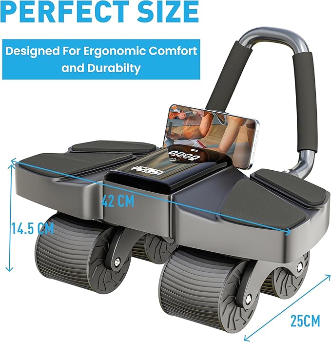 Ab Roller Home Gym Equipment – 4 Wheels Ab Wheel Muscle Roller with LCD Screen, Yoga Stretching Strap, 3 Resistance Bands – Comfortable Elbow Support with Non-Slip Handles – Time and Calorie Count