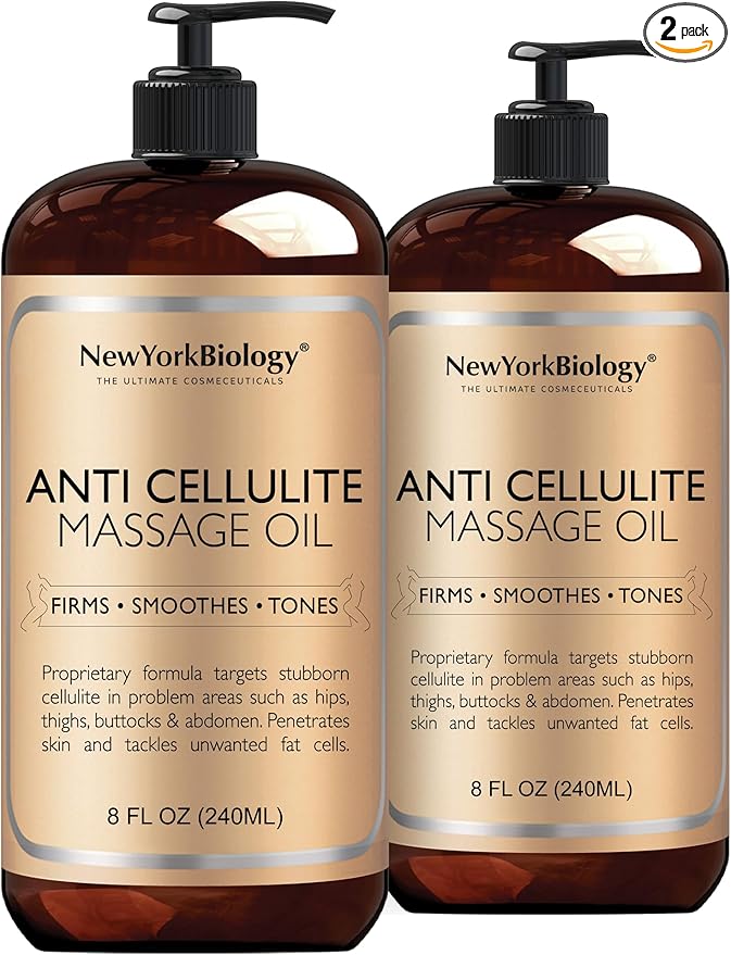 New York Biology Anti Cellulite Massage Oil 8 Fl Oz – Made with 100% Natural Oils – Body Oil for Massage Therapy, Muscle Relaxation and Deep Tissue - Pack of 2