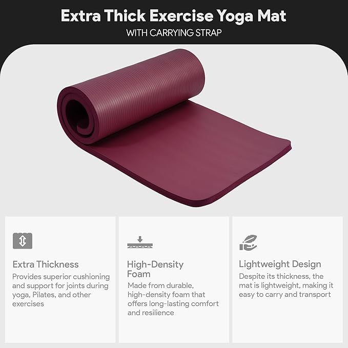 BalanceFrom 71x24 Inches Extra Thick Yoga Mat 1-Inch High-Density Foam – Roll-Up Exercise Pad with Double-Sided Non-Slip Surface and Carrying Strap for Pilates and Home Workouts, Multiple Colors