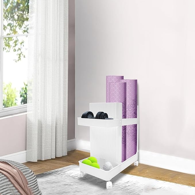 Home Gym Storage,2 Tiers Workout Equipment Organizer with Wheels Workout Equipment Storage Organizer Yoga Mat Storage Racks Home Gym Storage Rack for Yoga Mats, Foam Roller, Dumbbells