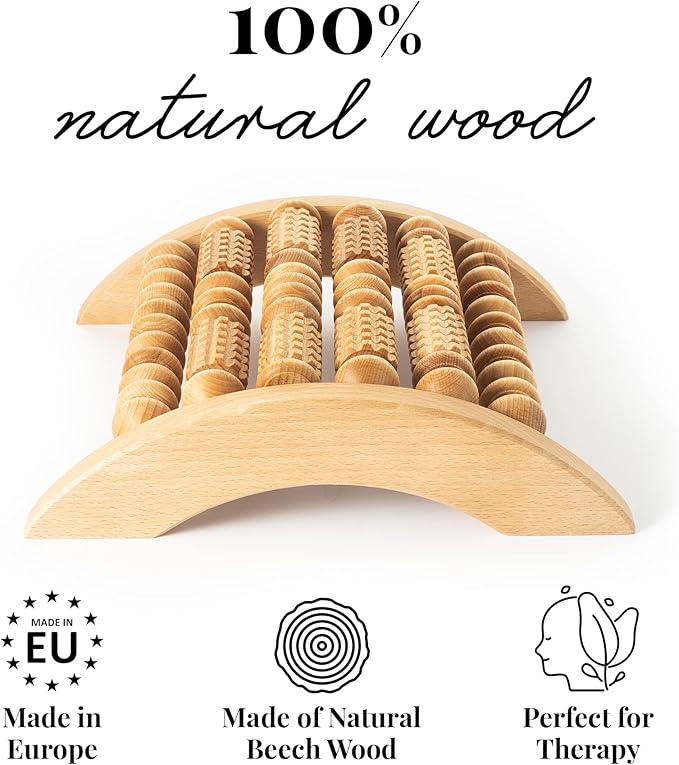 Tuuli Accessories - Wooden Foot Massager, Grooved Muscle Roller, Helps Ease Muscle Tension and Improve Blood Circulation, Natural Wood Therapy Massage Tools, 29 x 24.5 cm