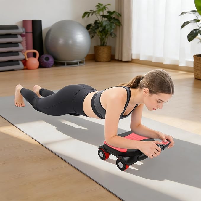 AB Roller Wheel with Elbow Support, 4-Wheel Stable Ab Roller for Core Training, Heavy Duty 330 lbs Capacity Ab Wheel with Phone Holder, Foldable Handles Home Gym Ab Workout Equipment