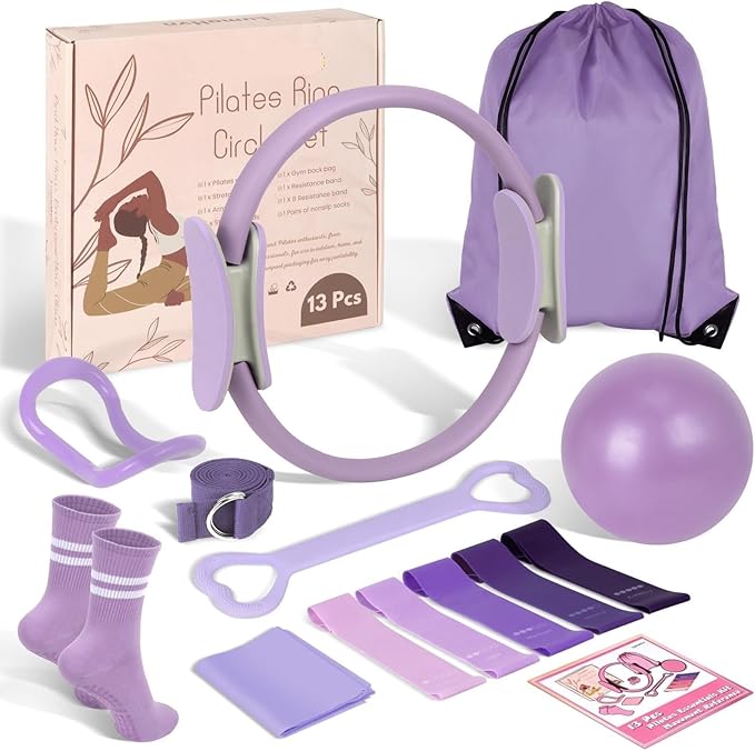 JITUIHOM Home Pilates Essentials Kit for Women - Complete Pink Equipment Set with 9 Inch Yoga Ball, Figure 8 Resistance Band, Bands & Accessories, Ring for Beginners Workouts