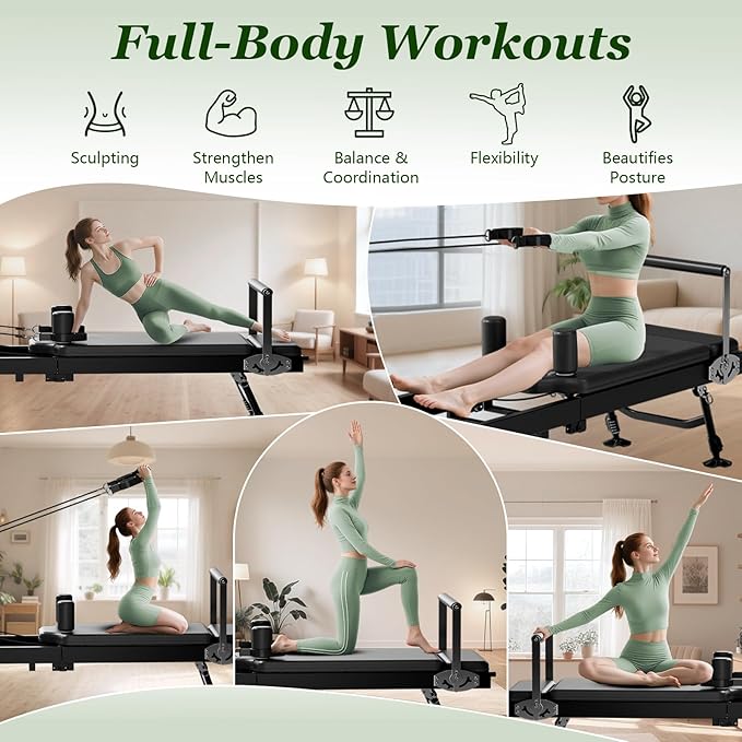 Pilates Reformer, Foldable Reformer Pilates Machine with Adjustable Reformer Heights, Up to 440 LBS Weight Capacity Suitable for Home Use and Studio, Advanced and Beginners Users