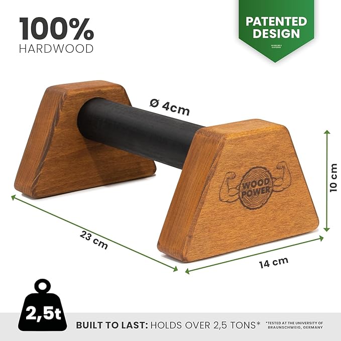 WOODPOWER® - PowerBars, Wooden Parallettes Push Up Bars, Joint-Friendly Beech Wood Calisthenics Equipment for Home, Durable Handstand Trainer Push Up Handles for Floors