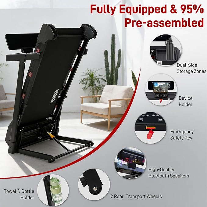Heavy Duty Treadmill for Home, 20-Level Auto Incline Treadmill, 500 LB Capacity, 20" Wide Deck, 0.6-12 MPH, 4.5 HP, LED Display, Bluetooth Speaker & App