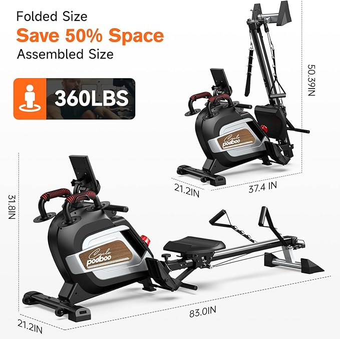 pooboo Rowing Machine for Home, Max 360 LBS Magnetic Rower with APP and LCD Monitor, Tablet Holder, Upgraded Rowing Machines with Comfortable Seat Cushion