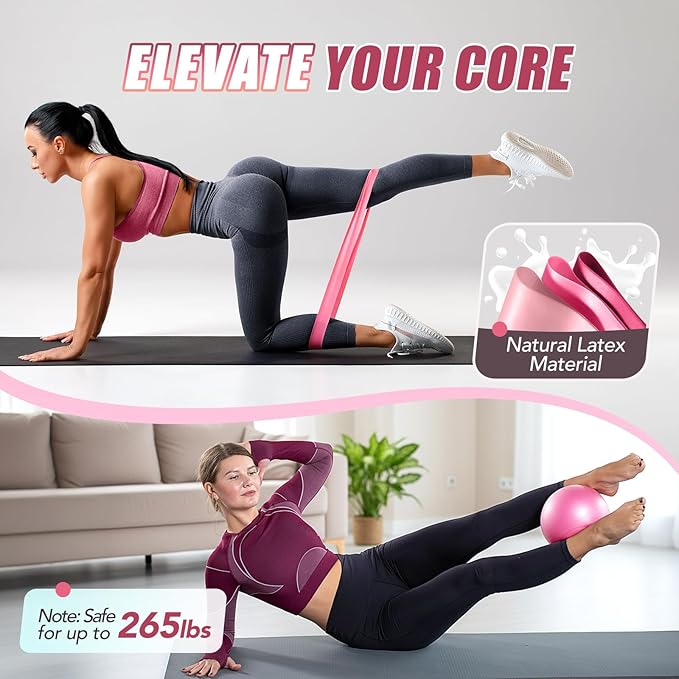 Pilates Kit for Women, 13.7in Silicone Pilates Ring with 5 Resistance Bands, 1 Yoga Ball, 1 Yoga Block, 2 Core Sliders, Video Guide for Full Body Home Workouts