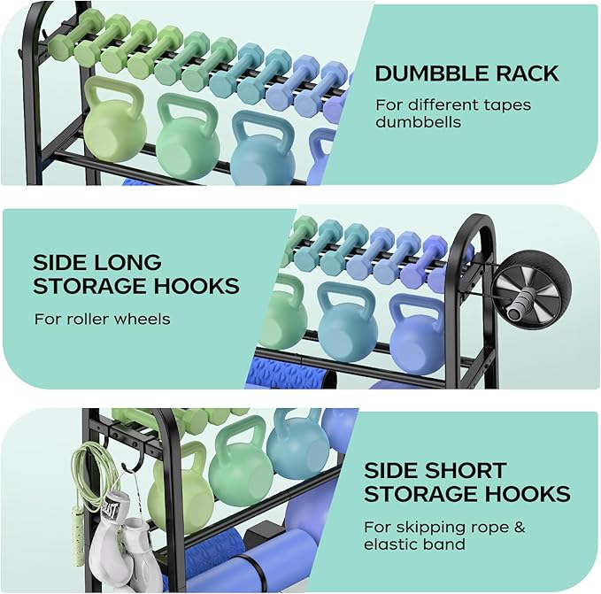 3 Tier Dumbble Rack - 360LB Capacity Adjustable Dumbbell Storage Rack Space-Saving Home Gym Weight Rack For Dumbbells And Kettlebells With Hooks (Dumbbell Rack Stand Only)