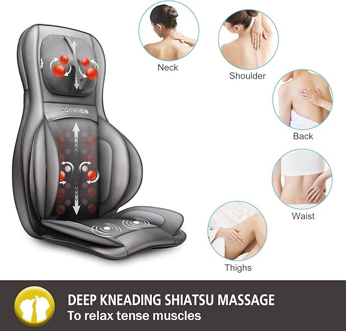 COMFIER Massager Chair with Heat, Shiatsu Neck Back Massager Portable with Compression & Rolling,Massage Chair Pad for Neck & Back for Muscle Tension Relief