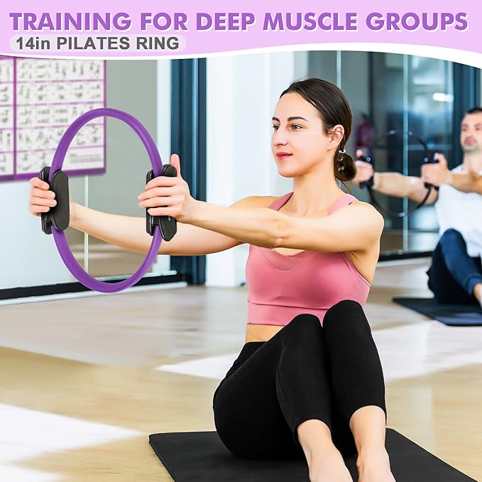 Pilates Ring Set Exercise Equipment, with Exercise Resistance Bands Set, Pilates Ball, Sliding Disks. Portable Home Gym - with Fitness Guide Poster