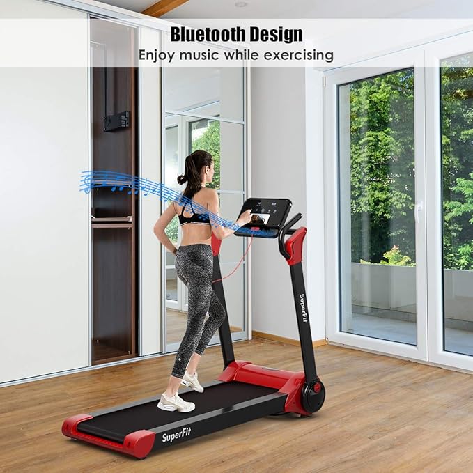 Goplus 3HP Treadmill with Desk Workstation, Superfit Foldable Treadmills for Home Office, Adjustable Height, Bluetooth Speaker, APP Control, LED Display, 25 Preset Programs, Portable Running Machine