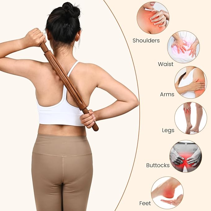 Guasha Wood Massage Stick Tools Wooden Therapy Scraping Lymphatic Drainage Massager, Double Row 20 Beads Point Treatment Gua Sha Tools, Stomach Cellulite Massager, Myofascial Release Tool