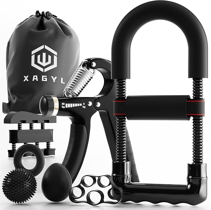 Hand Grip Strengthener Kit with Wrist Strengthener - Ultimate Hand Exerciser Set for Forearm Workout, Adjustable Grip Strength Trainer, Stress Relief Ball, Exercise Ring, Training and Recovery (BLACK)