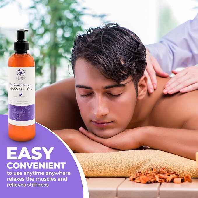 Massage Oil 8oz Pump by FLEUR DE SPA – Luxurious Therapeutic Body Oil – Made in USA – Safflower & Organic Coconut with Acai Berry – Soothes Sore Muscles, Relieves Stiffness, Anti-Cellulite