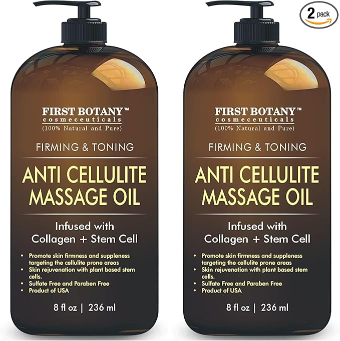 First Botany, Anti-Cellulite Massage Oil Infused with Collagen & Stem Cells - Natural Cellulite & Stretch Mark Treatment for Men & Women - 8 oz (Pack of 2)