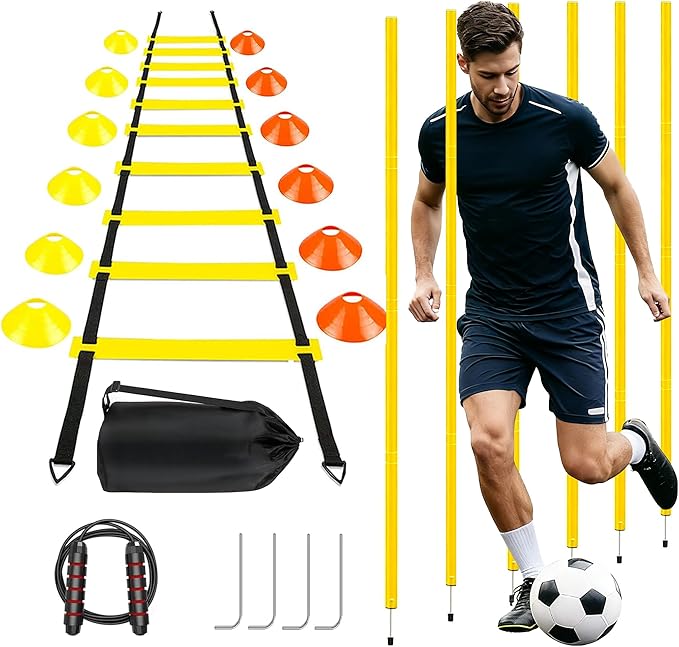 Agility Training Set for Soccer & Football - 20FT Speed Ladder, 12 Cones, and Training Aids for Kids Youth Sports Practice, Footwork Drill Kit