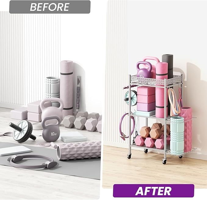 Yoga Mat Storage Rack, Home Gym Storage Rack, VOPEAK Workout Storage for Yoga Mat, Foam Roller, Gym Organizer Gym Equipment Storage for Home Exercise and Fitness Gear