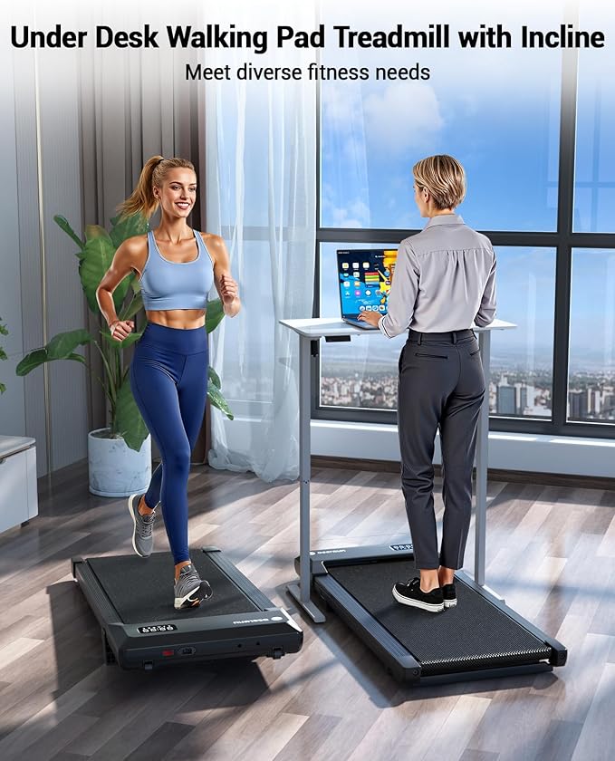 DeerRun Under Desk Walking Pad Treadmill with 6% Manual Incline, 0.6-3.8 MPH Walking Speed, 2.5 HP, 300 lb Capacity, App & Remote Control, for Home Office & Small Spaces