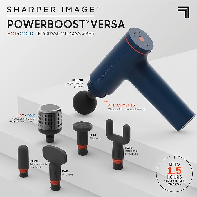 Sharper Image Deep Tissue Percussion Massage Gun, Powerboost Versa Hot & Cold Rechargeable Handheld Massager, 5 Adjustable Speeds, 6 Attachment Heads & Carrying Case, for Muscle Pain Relief, Blue