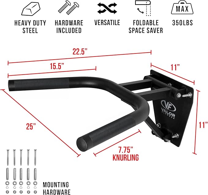 Valor Fitness Wall Mounted Dip Station - Foldable Triceps Dip Bars with Padded Handles for Home Gym Upper Body Strength Training - Supports Up to 400 lbs
