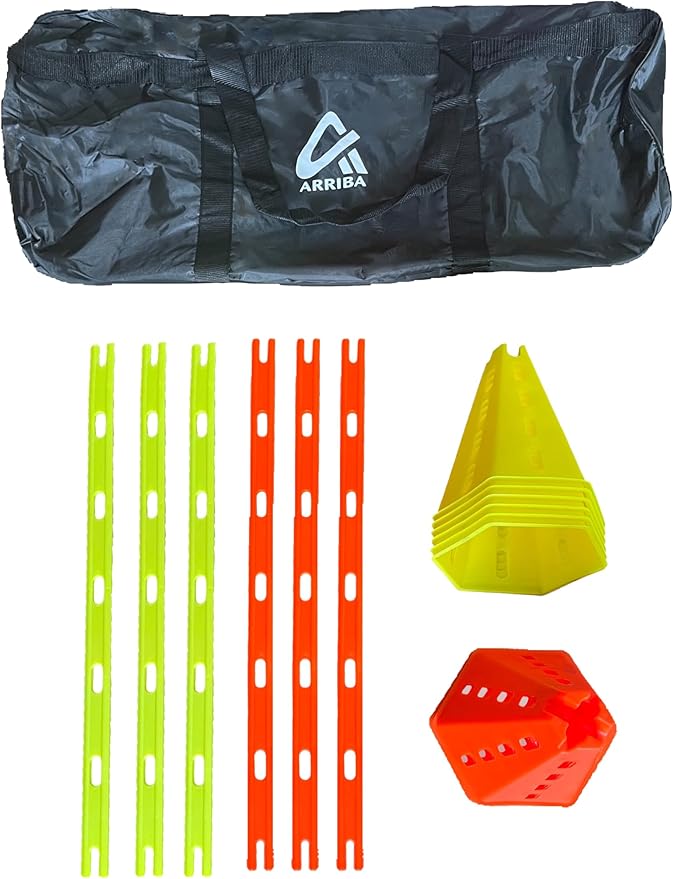 Arriba Sports Cone Hurdle Set; Training Cones and Agility Poles: Agility Training Set; 12 Cones and 6 Agility Poles with Carry Bag