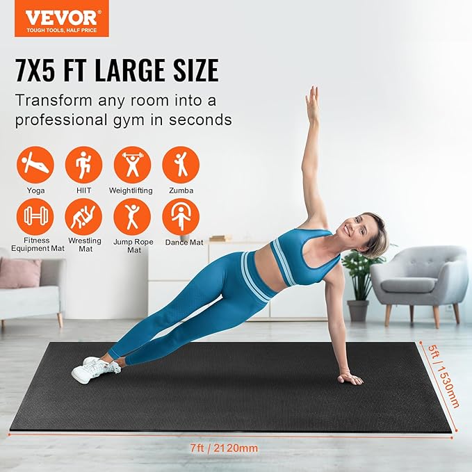 VEVOR Large Exercise Mat, 12'x6'/10'x6'/9'x6'/8'x6'/8'x5'/7'x5'/6'x4' (7mm) Extra Thick, Non Slip High Density Premium Workout Mat, Exercise Yoga Mat for Men & Women, Fitness & Exercise Mat with Bag & Carry Strap, for All Types of Home Yoga, Pilate & F...