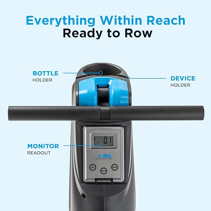 JLL Magnetic Rowing Machine – Foldable Rower for Apartments & Home Gyms, 16 Resistance Levels, Bluetooth with SunnyFit App, Easy-Glide Wheels, Tilt-to-Store Upright Design