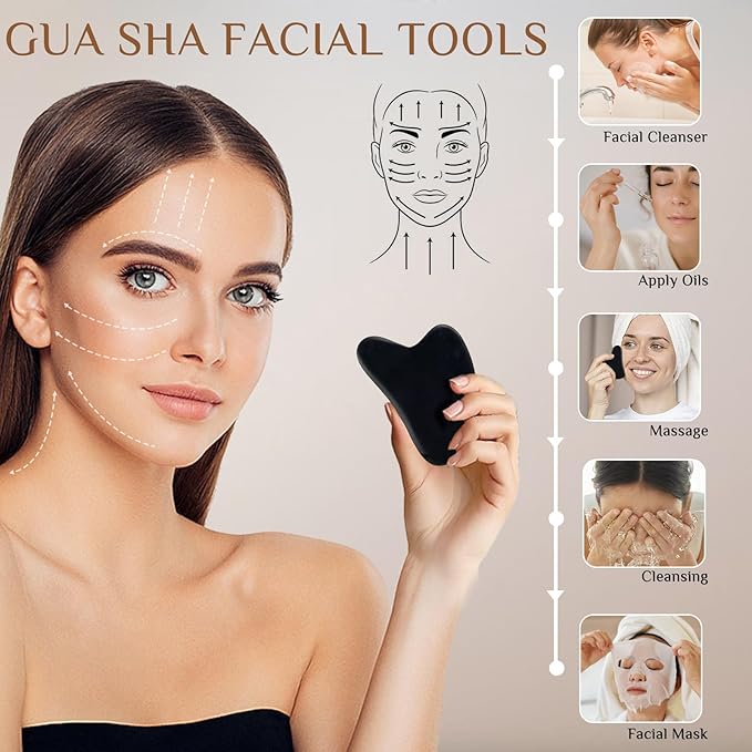 7 Pieces Hot Stones Massage Set - 6 Large Oval Massage Stones for Body Massage and 1 Heart-Shaped Basalt Stone Gua Sha Tool for Face Hot Rocks for Home Spa, Relaxing, Pain Relief