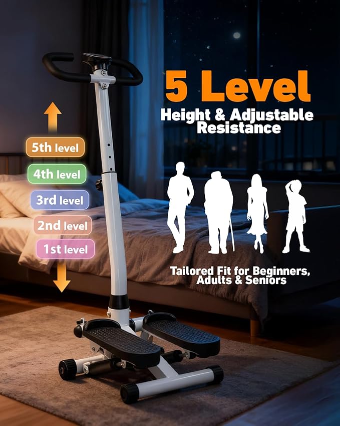 Mini Stair Stepper for Exercise at Home with Adjustable Handlebar & Resistance Bands,Quiet Compact Stair Stepper Machine,LCD Monitor,Portable Indoor Leg/Glute Cardio Fitness, White