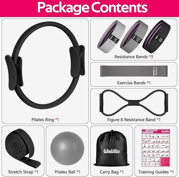 WALITO Home Pilates Kit for Women,Pilates Ring Set with Magic Circle,Resistance Bands,Figure 8 Workout Bands,Mini Ball, Compact Toning Fitness Essentials Starter Set Accessories Gift